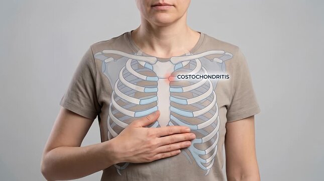 Costochondritis medical illustration showing adult touching chest wall with gentle breathing and pressure application during non visible inflammation assessment