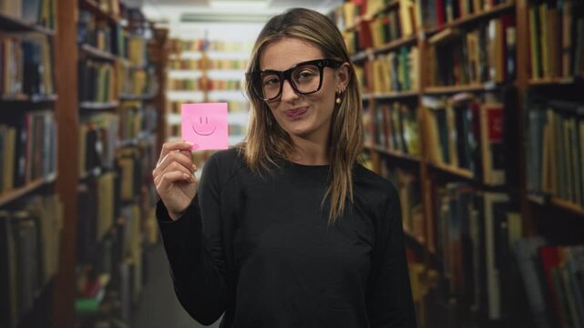 Woman holding pink sticky note with smile drawn, right hand raised in library aisle; cheerful study motivation.