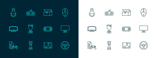 Set line Computer mouse, Old hourglass, Portable video game console, Award cup, Chest for, Bottle with magic elixir and Game controller joystick icon. Vector © Iryna