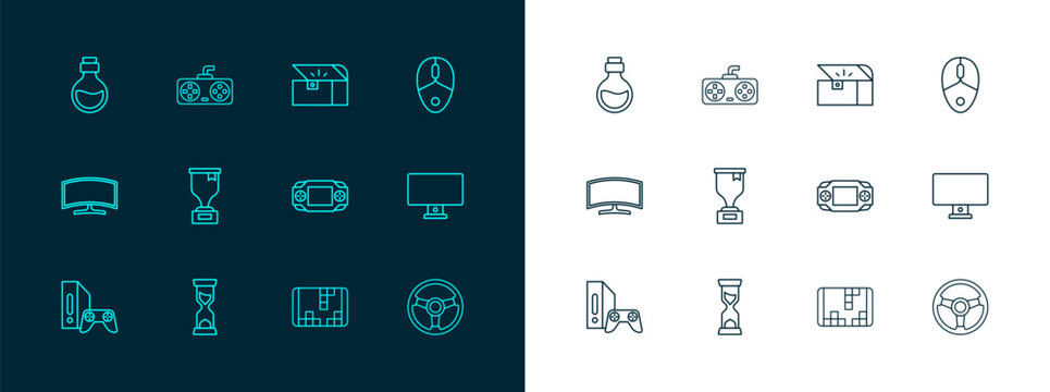 Set line Computer mouse, Old hourglass, Portable video game console, Award cup, Chest for, Bottle with magic elixir and Game controller joystick icon. Vector