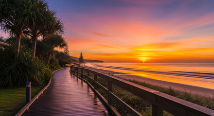 Obraz premium Tropical beach sunset pathway with palm trees and ocean view