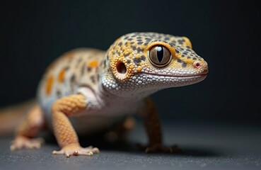 Obraz premium Close-up view of a spotted leopard gecko reptile with orange and black markings resting on a dark surface. Its large eye and textured skin are clearly visible. The animal has a natural pattern.