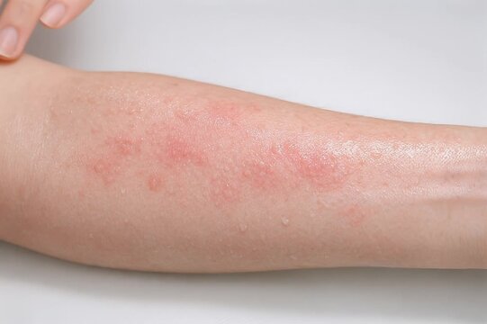 Aquagenic pruritus on forearm skin after water exposure with hand hovering over damp surface for dermatology and medical education