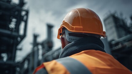 Worker in safety helmet observes construction site during cloudy day in industrial area with equipment in background