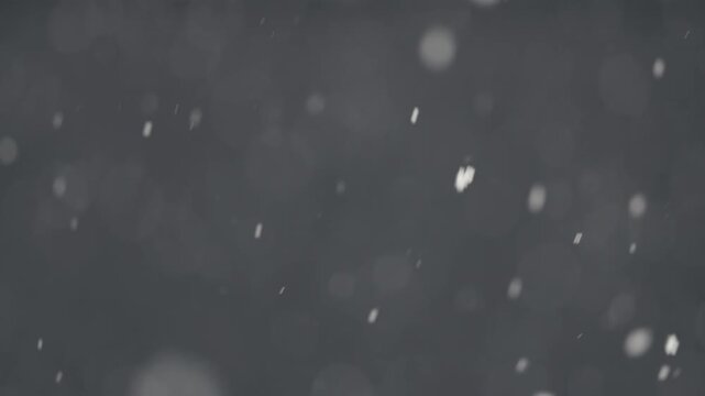 Slow motion snowfall particles drifting through space with a dense blizzard effect, swirling flakes and cinematic winter atmosphere, featuring soft bokeh blur perfect for overlays, holiday visuals, se