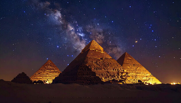 Ancient Egyptian pyramids illuminated by soft golden torchlight under a vast starry night sky
