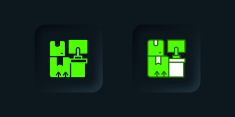 Fototapeta premium Green Warehouse interior with boxes on racks icon isolated on black background. Logistics, cargo, parcel storage postal service. Black square button. Vector