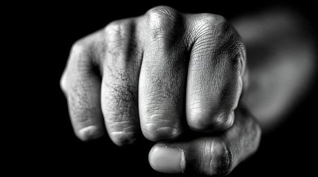 a clenched human fist with whitening knuckles and hyper-precise skin texture, capturing tension, suppressed anger, and emotional restraint through raw physical detail.