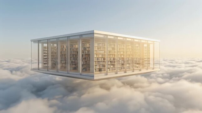 Floating library above jet stream clouds featuring glass and aluminum architecture with visible bookshelves and high altitude sunlight in a minimalist futuristic design