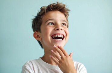Joyful boy with dental braces laughs happily, touches chin. He looks up with excitement. Healthy smile, good teeth, orthodontic treatment progress. Positive kid expression against blue.