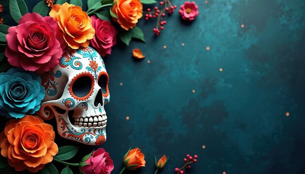 Calaca skull adorned with floral patterns and colorful roses rests against dark teal background. Celebratory Day of the Dead imagery with copy space for holiday greetings.