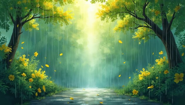 Impressionistic illustration shows rich green forest path during spring rain shower. Yellow flowers bloom. Sunlight streams through wet tree leaves, creating refreshing, vibrant, tranquil atmosphere.