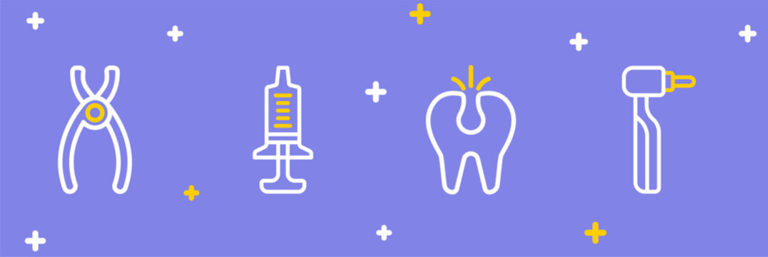 Set line Tooth drill, Broken tooth, Syringe and Dental pliers icon. Vector