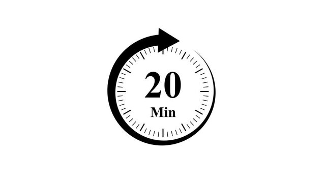 Clock, stopwatch icon. 20 minute time circle icon. steady number and clock time animation. 4k