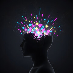 Silhouette of a human head with a burst of neon geometric shapes and sparkles exploding from the crown