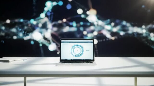 Dolly video transitions digital particles to sleek silver laptop on white desk in modern workspace, copy space. Innovation concept