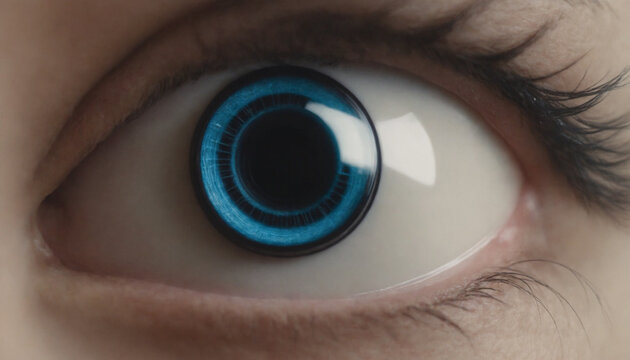 Futuristic robotic mechanical eye with glowing blue lens representing computer vision and artificial intelligence surveillance