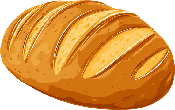 Baguette illustration, cartoon golden French bread, french loaf isolated, white background painted
