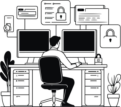  Cyber security office scene with monitors and locks, bold black thick outline, IT security business concept, minimal flat illustration 1t