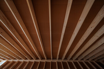 Obraz premium Close up view of unfinished timber framing with evenly spaced roof joists and sheathing panels, rows of metal nails and brackets, daytime, warm wood tones, wide angle.