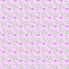 Seamless minimal floral pattern with small purple flowers on pink background. Simple elegant botanical design perfect for fabric, stationery, and wallpaper.