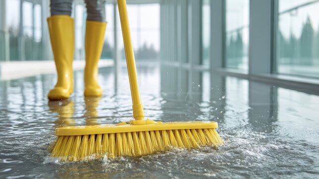 Stunning photo of A person wearing yellow rain boots sweeping a flooded floor with a yellow broom, pushing standing water in an indoor space with large windows.