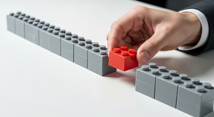 Fototapeta premium Hand Places a Red Lego Brick in a Row of Gray Lego Bricks on White Table.