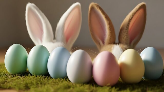 Easter monday decorative easter eggs and bunny ears on grass