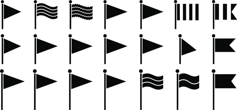 Set of black flag icons in various shapes including pennants waving flags and rectangles for marking locations map pointers and goal achievement symbols.