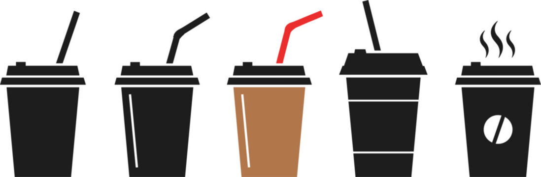 Set of coffee cup icons including paper take out containers with straws and steaming hot cafe lattes for breakfast and morning beverage concepts.
