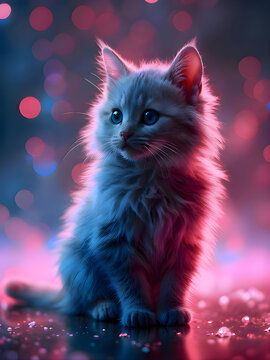 Fluffy baby cat with neon ligths 