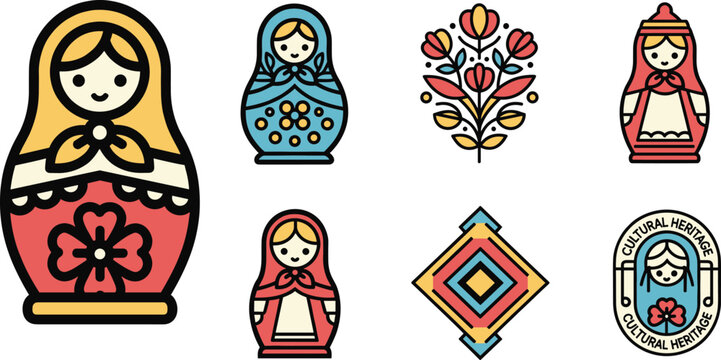 Russian Matryoshka Doll and Folk Ornament Icon Set Flat Vector Illustration