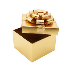 Elegant golden gift box with ornate bow isolated on transparent background