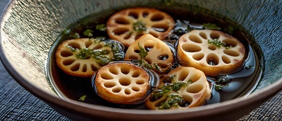 Fototapeta premium Gourmet Lotus Root Dish in a Textured Bowl with Savory Sauce and Fresh Herbs, presented with cinematic lighting and high detail.