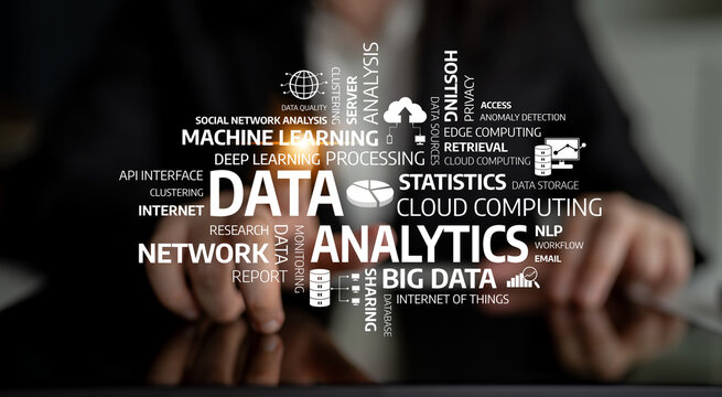 A businessman focuses on data analysis in a modern workspace, surrounded by keywords representing various aspects of technology, data science, and analytics practices. Tessel - Powered by Adobe