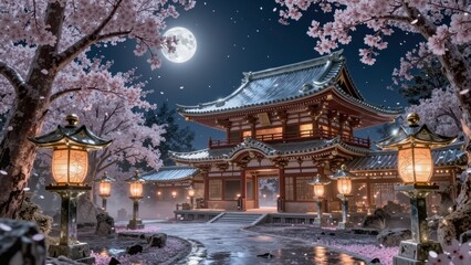 Fototapeta premium A beautiful Japanese palace with a garden and a big moon in the sky.