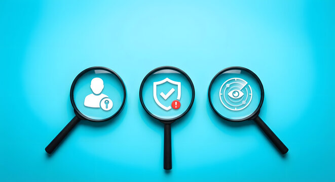 three magnifying glasses over icons of user with key shield with check mark and radar eye representing cyber security privacy data protection and identity verification concept