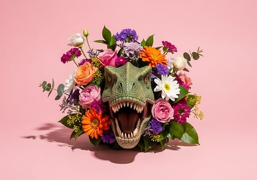 Tyrannosaurus Rex dinosaur head surrounded by colorful flowers on pink background