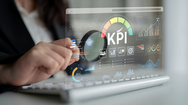 A business intelligence dashboard displaying various Key Performance Indicators (KPI). The data visualization tracks business metrics and measures performance against goals. Fermion