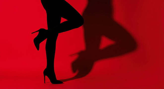 Elegant female legs in black high heels and sheer tights posing on red background with copy space