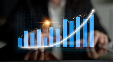 Dynamic visualization of business growth through statistical graphs and charts, illustrating performance increases in financial markets and strategic success. Impute