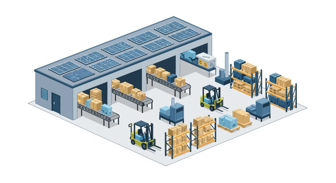 Warehouse with solar panels on the roof and forklifts.