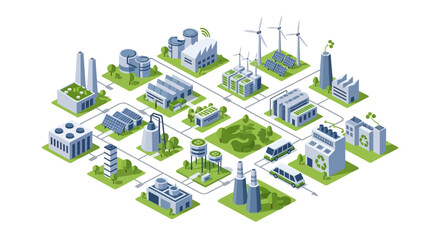 Sustainable city with green spaces and renewable energy sources.