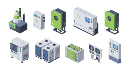 Collection of various industrial equipment and machinery icons.