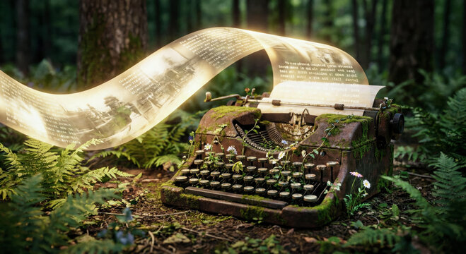 Macchina da scrivere antica nel bosco con pergamena magica e luminosa. Generative AI 
