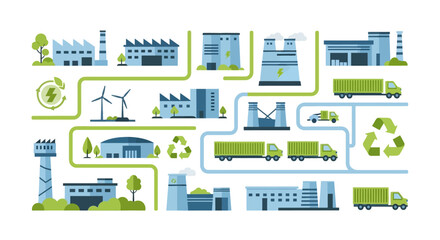 Fototapeta premium Sustainable Industrial Process Flowchart with Recycling and Renewable Energy.