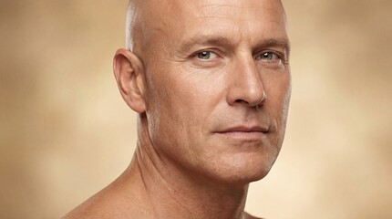 Obraz premium Bald man close-up portrait with serious expression. Grooming and barber style concept. Clean-shaven face for mens personal care and hairstyle trends.