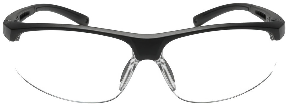 Black safety glasses with clear lenses and dark frames, designed for eye protection