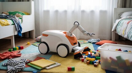 Fototapeta premium Domestic robot vacuum cleaner tidying up scattered toys in childrens bedroom. AI household helper managing playroom mess for family convenience and smart home automation concept.