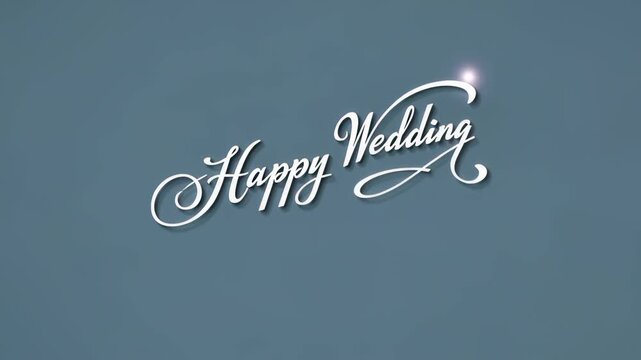 Elegant script text saying Happy Wedding with a soft glow effect on a blue background, creating a romantic atmosphere suitable for wedding invitations or decorations
